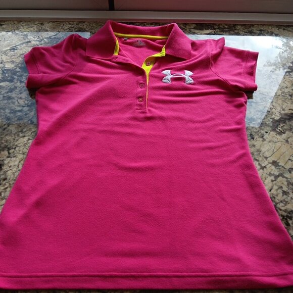 Medium Under Armour Logo Polo Shirt Womens Pink HeatGear Short Sleeve Collared - Picture 3 of 11